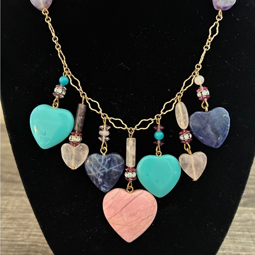 Vintage Hearts Crystal Necklace Semi Precious Stones
